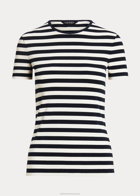 camiseta listrada de algodão elástico BD6J3998 mulheres Ralph Lauren marinho/creme refinado