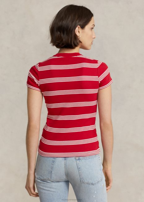 camiseta listrada de gola redonda de algodão com nervuras BD6J2920 mulheres Ralph Lauren rl2000 vermelho/branco