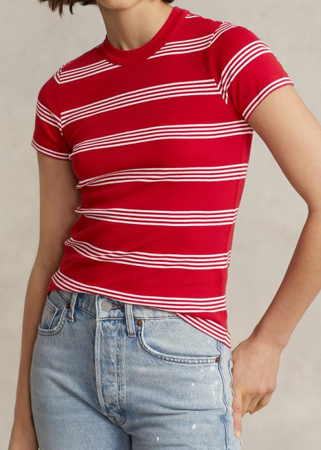 camiseta listrada de gola redonda de algodão com nervuras BD6J2920 mulheres Ralph Lauren rl2000 vermelho/branco
