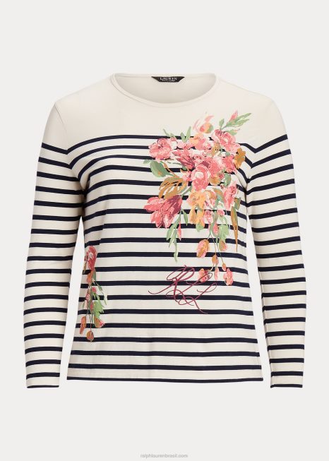 camiseta manga longa em jérsei floral e listrado BD6J4596 mulheres Ralph Lauren creme de mascarpone/marinha