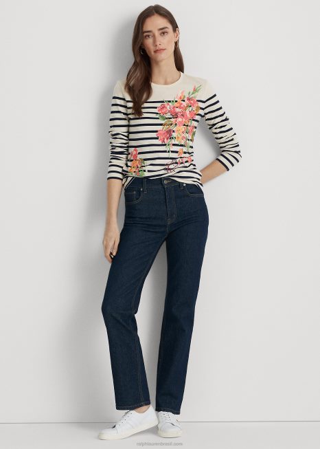 camiseta manga longa em jérsei floral e listrado BD6J9468 mulheres Ralph Lauren creme de mascarpone/marinha