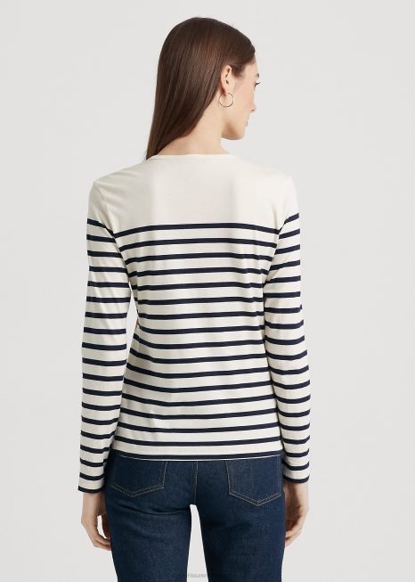 camiseta manga longa em jérsei floral e listrado BD6J9468 mulheres Ralph Lauren creme de mascarpone/marinha