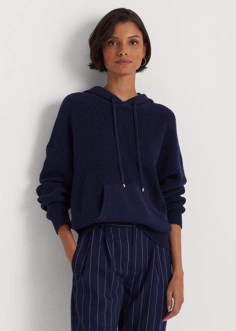 camisola com capuz de algodão penteado BD6J9568 mulheres Ralph Lauren marinha refinada
