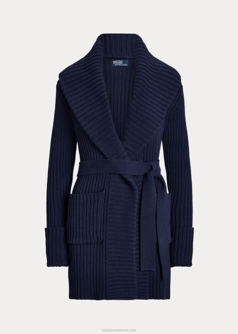 cardigã de algodão com gola xale em malha canelada BD6J3038 mulheres Ralph Lauren marinha de newport