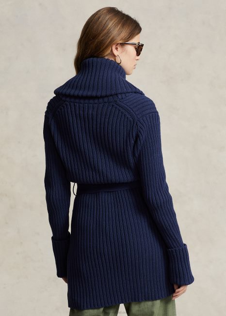 cardigã de algodão com gola xale em malha canelada BD6J3038 mulheres Ralph Lauren marinha de newport