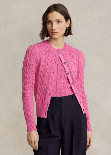 cardigã de gola redonda de algodão tricotado BD6J2898 mulheres Ralph Lauren fuschia quente