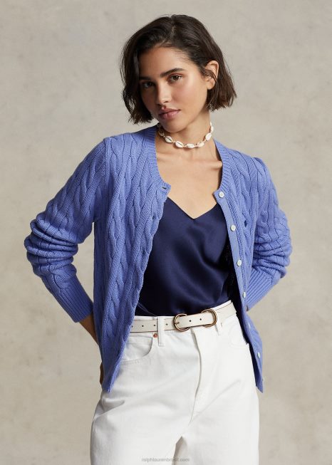 cardigã de gola redonda de algodão tricotado BD6J2901 mulheres Ralph Lauren novo litchfield azul