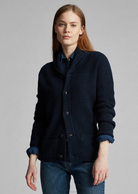 cardigã gola xale caxemira BD6J3607 mulheres Ralph Lauren azul preto