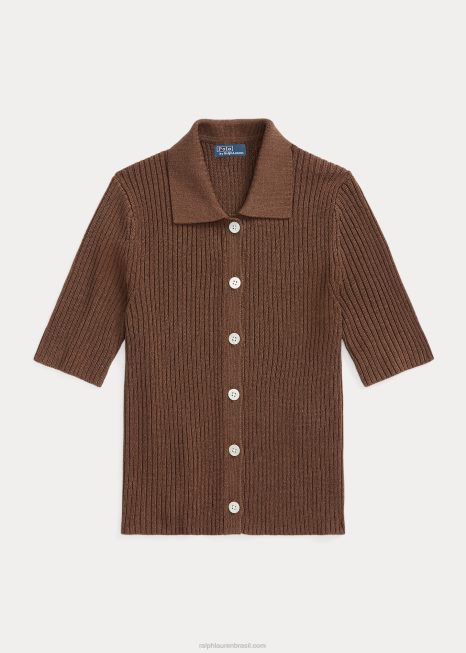 cardigã polo de manga curta em malha canelada BD6J3185 mulheres Ralph Lauren chocolate marrom