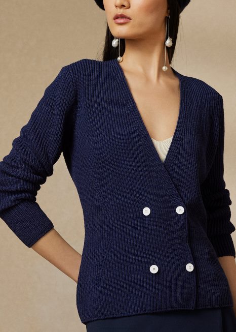 suéter cardigã trespassado BD6J3503 mulheres Ralph Lauren luxo marinho