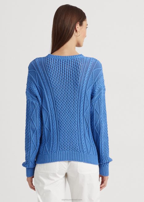 suéter de algodão tricotado com renda BD6J9549 mulheres Ralph Lauren Nova Inglaterra azul