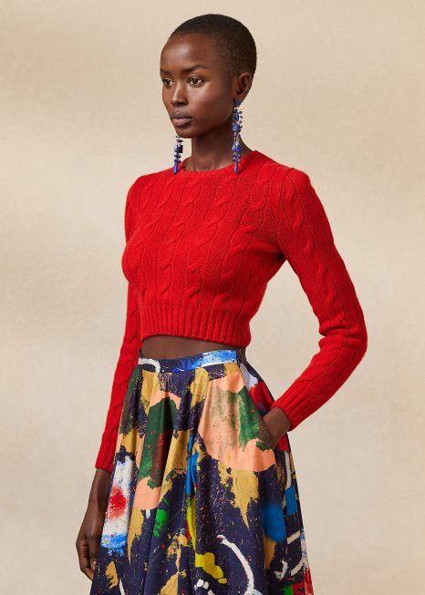 suéter de caxemira cropped tricotado BD6J3471 mulheres Ralph Lauren rouge