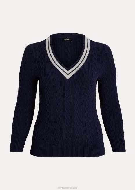suéter de críquete tricotado BD6J4640 mulheres Ralph Lauren marinho/creme refinado