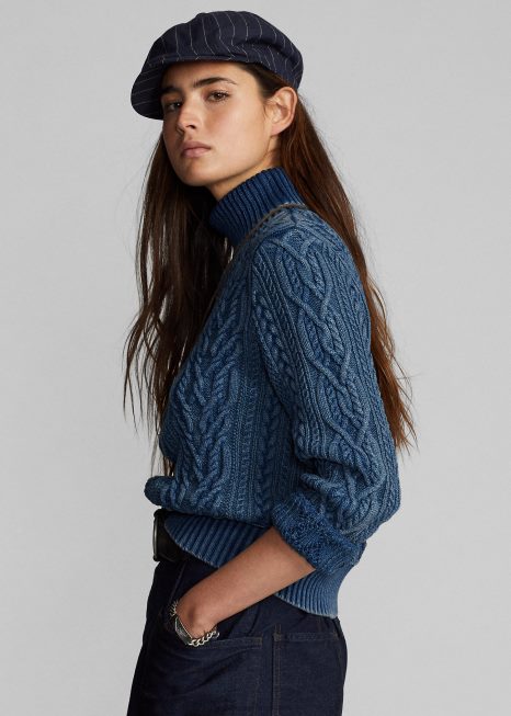 suéter de gola alta de algodão malha aran BD6J3666 mulheres Ralph Lauren meio índigo