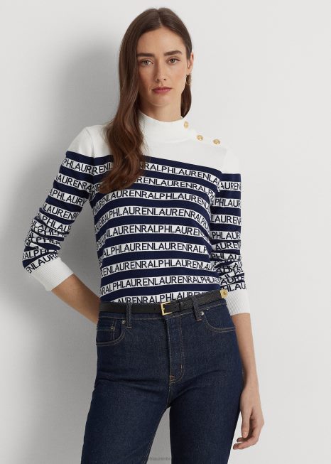 suéter de gola alta listrado de mistura de algodão BD6J4901 mulheres Ralph Lauren branco/ marinho refinado