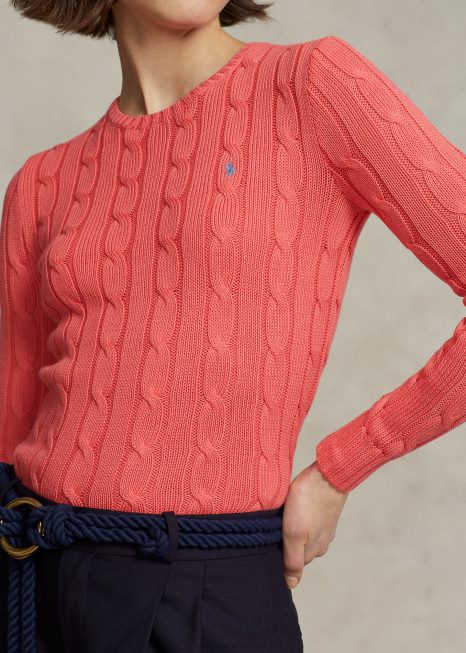 suéter de gola redonda de algodão tricotado BD6J9092 mulheres Ralph Lauren coral rubi