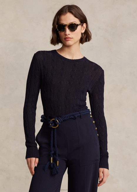 suéter de gola redonda de malha de algodão BD6J9165 mulheres Ralph Lauren marinha caçadora