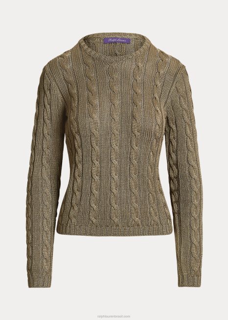 suéter de gola redonda de seda tricotado BD6J3487 mulheres Ralph Lauren líquen verde