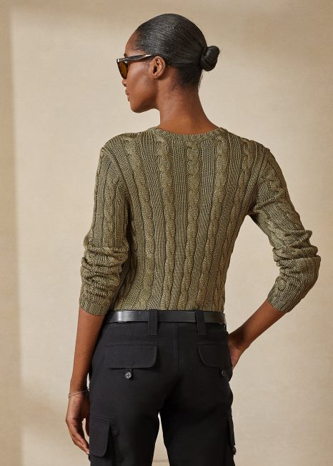 suéter de gola redonda de seda tricotado BD6J3487 mulheres Ralph Lauren líquen verde