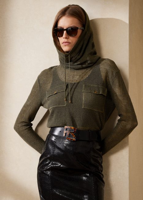 suéter de malha de linho de seda com decote funil BD6J9291 mulheres Ralph Lauren ícone verde-oliva