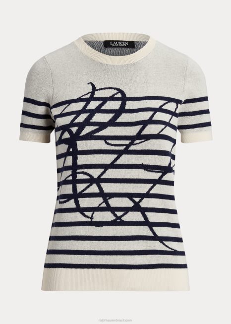 suéter de manga curta com logo listrado BD6J9479 mulheres Ralph Lauren creme de mascarpone/marinha