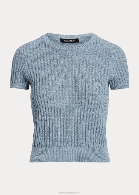 suéter de manga curta linho-algodão BD6J3947 mulheres Ralph Lauren oceano índigo multi