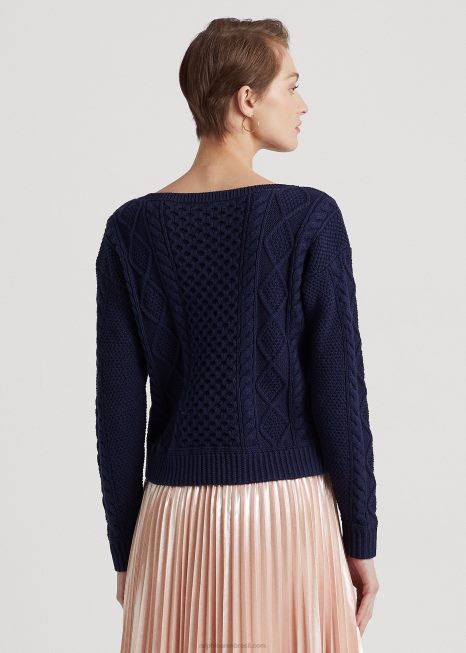 suéter gola canoa de algodão malha aran BD6J3950 mulheres Ralph Lauren marinha refinada