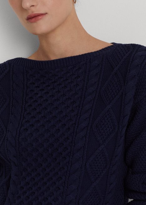 suéter gola canoa de algodão malha aran BD6J3950 mulheres Ralph Lauren marinha refinada