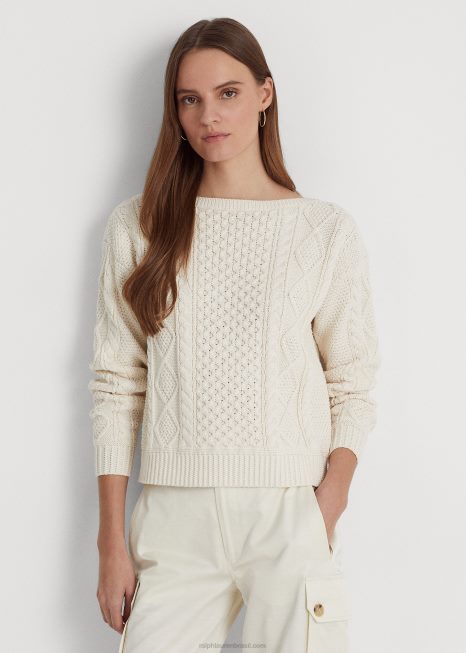 suéter gola canoa de algodão malha aran BD6J4826 mulheres Ralph Lauren creme de mascarpone