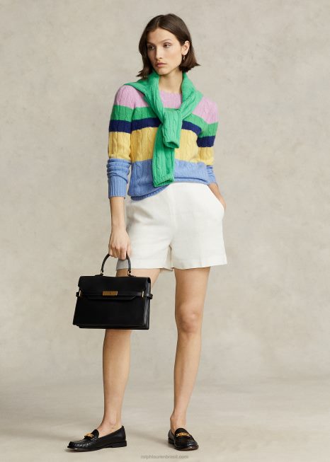 suéter listrado de tricô com gola redonda BD6J9184 mulheres Ralph Lauren multifaixa