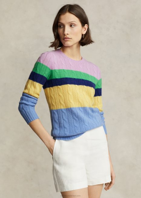 suéter listrado de tricô com gola redonda BD6J9184 mulheres Ralph Lauren multifaixa