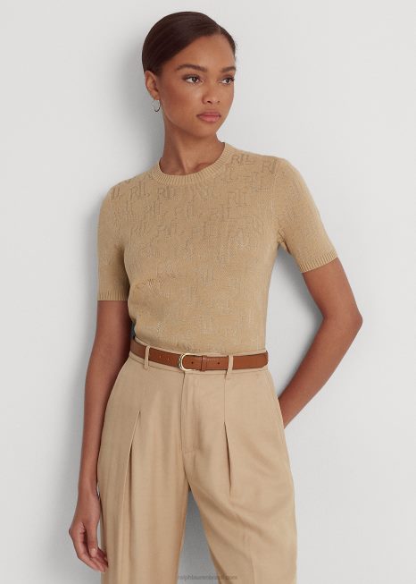 suéter manga curta jacquard monograma BD6J3789 mulheres Ralph Lauren bronzeado de bétula