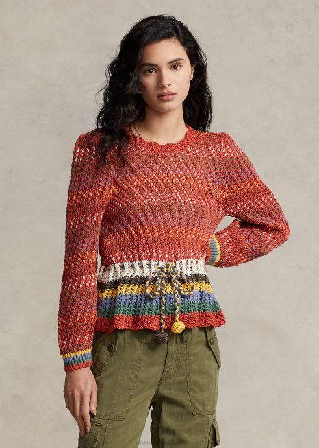 suéter peplum de algodão pointelle BD6J3189 mulheres Ralph Lauren laranja multi