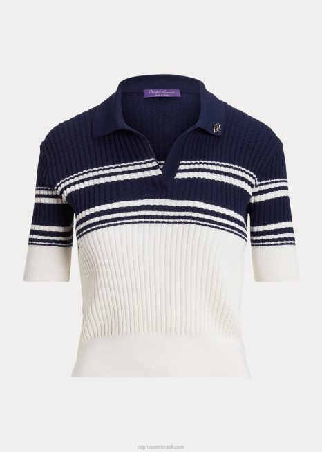 suéter polo de seda merino com bloqueio de cor BD6J3478 mulheres Ralph Lauren off white/lux marinho multi