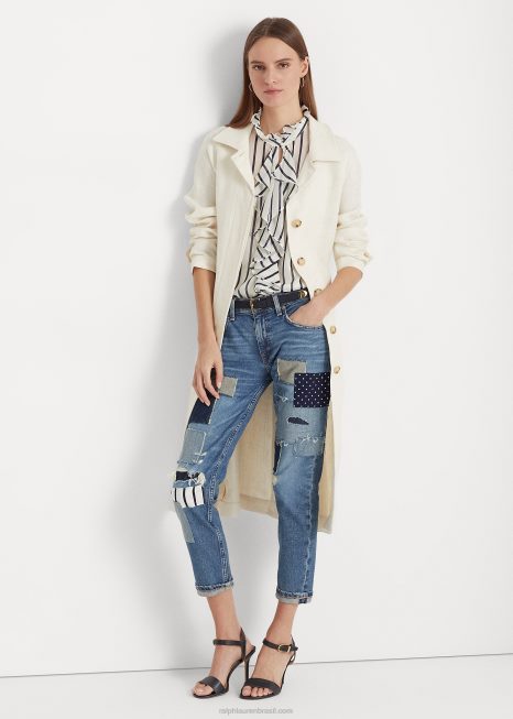 trench coat de linho espinha de peixe com cinto BD6J4088 mulheres Ralph Lauren creme de mascarpone