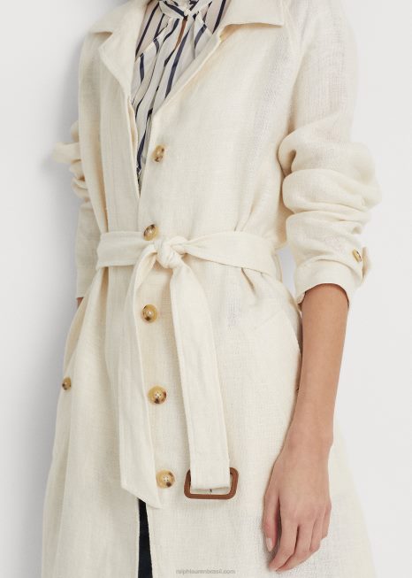 trench coat de linho espinha de peixe com cinto BD6J4088 mulheres Ralph Lauren creme de mascarpone