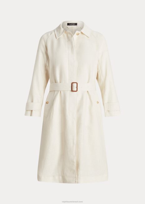 trench coat de linho espinha de peixe com cinto BD6J4698 mulheres Ralph Lauren creme de mascarpone