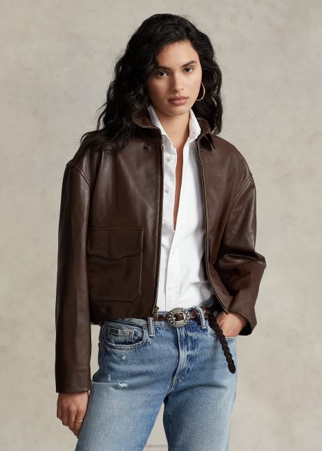 jaqueta bomber couro cropped BD6J3221 mulheres Ralph Lauren marrom
