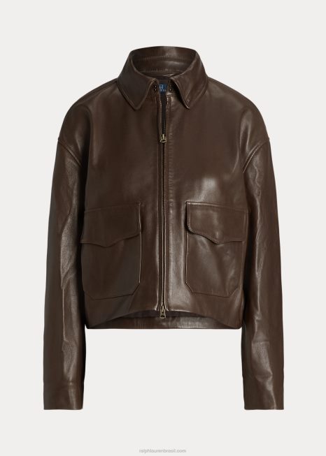 jaqueta bomber couro cropped BD6J3221 mulheres Ralph Lauren marrom