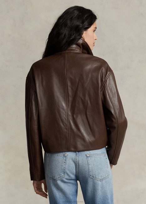 jaqueta bomber couro cropped BD6J3221 mulheres Ralph Lauren marrom