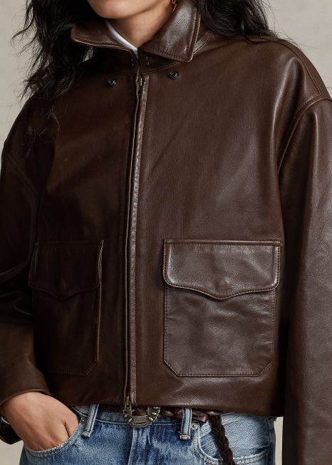 jaqueta bomber couro cropped BD6J3221 mulheres Ralph Lauren marrom