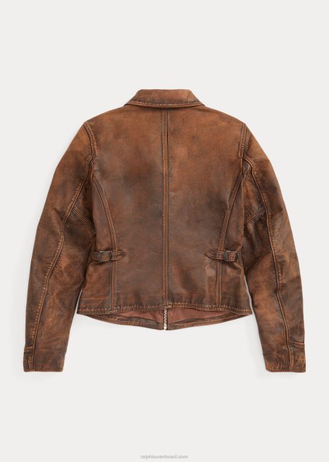 jaqueta de couro ajustada BD6J3650 mulheres Ralph Lauren marrom