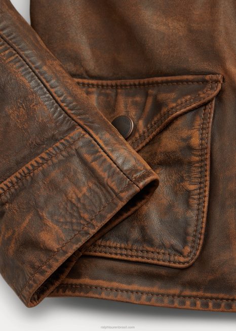 jaqueta de couro ajustada BD6J3650 mulheres Ralph Lauren marrom