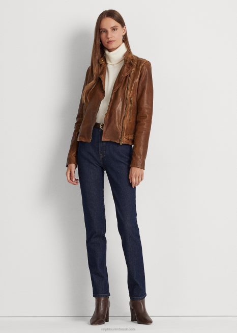 jaqueta de moto de couro polido BD6J4830 mulheres Ralph Lauren noz escura