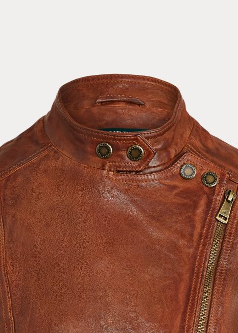 jaqueta de moto de couro polido BD6J4830 mulheres Ralph Lauren noz escura