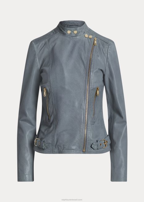 jaqueta de moto de couro polido BD6J4831 mulheres Ralph Lauren cambraia azul