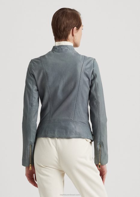 jaqueta de moto de couro polido BD6J4831 mulheres Ralph Lauren cambraia azul