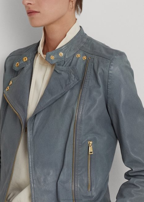 jaqueta de moto de couro polido BD6J4831 mulheres Ralph Lauren cambraia azul