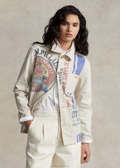 jaqueta utilitária de lona com logo gráfico BD6J3218 mulheres Ralph Lauren creme de marscapone