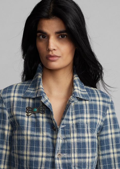 jaqueta xadrez linho BD6J3638 mulheres Ralph Lauren índigo/creme